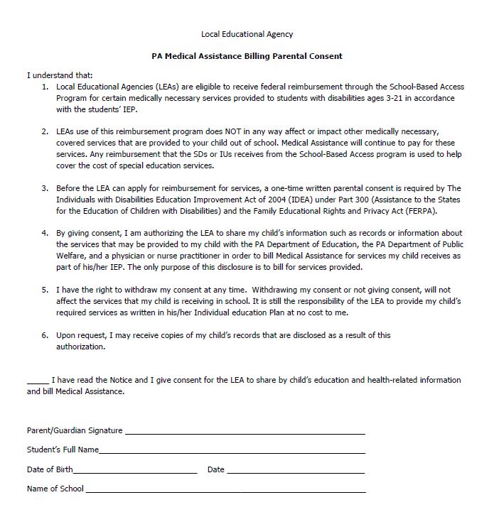 PaTTAN Pennsylvania Medical Assistance Billing Parental Consent
